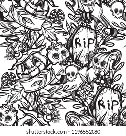 Vector illustration, Happy Halloween, grave, pumpkin, witch's hat, skull, mysticism,leaves, set of different elements. Handmade, seamless pattern, light  background