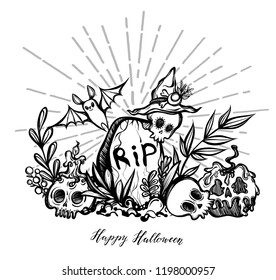 Vector illustration, Happy Halloween, grave with skulls, bat, plants, mysticism, background  white. Handmade, prints