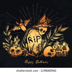 Vector illustration, Happy Halloween, grave with skulls, bat, plants, mysticism, background  chalkboard, gold color. Handmade, prints