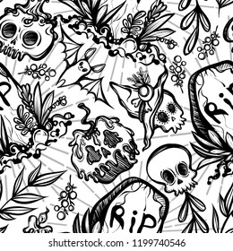 Vector illustration, Happy Halloween, grave with skulls, bat, plants, mysticism, background  white. Handmade, prints, seamless pattern