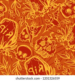 Vector illustration, Happy Halloween, grave with skulls, bat, plants, mysticism. Handmade, prints, seamless pattern, background  dark