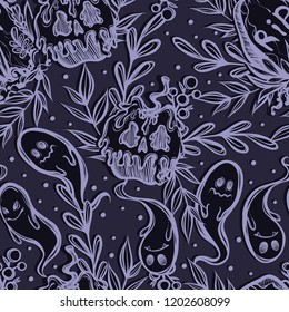 Vector illustration, Happy Halloween, Graves, poisoned apple, ghosts, mysticism. Handmade, prints, background dark, seamless pattern