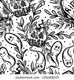 Vector illustration, Happy Halloween, Graves, poisoned apple, ghosts, mysticism. Handmade, prints, background white, seamless pattern