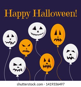 Vector illustration of Happy Halloween greeting card or party invitation with colorful white and orange balloons with scary faces on purple background. Image of holiday background for grahic design.
