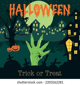 Vector illustration of happy halloween holiday trick or treat party graveyard green dead man hand climb out of the ground against the backdrop of the city forest and trees
