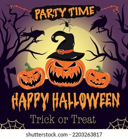 Vector illustration of happy halloween holiday trick or treat party graveyard funny scary pumpkins invite everyone to party
