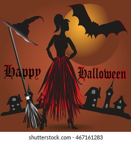 Vector illustration Happy Halloween
Image of happy Halloween against the backdrop of the city and the moon is of modern, young witch and her friend a bat located near the broom and hat