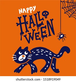 Vector illustration of happy Halloween invitations or greeting cards with handwritten calligraphy lettering. Poster of cat, black widow spider, web, skull. All saint's Day.