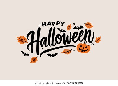 Vector Illustration. Happy Halloween lettering with bat, autumn leaves and pumpkin. Template for design