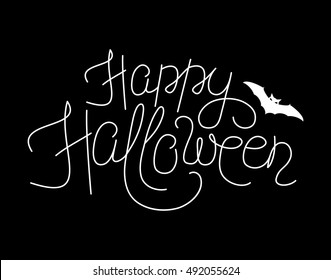 Vector illustration of happy halloween lettering sign. Thin line happy halloween script text with bat silhouette. Halloween greeting template with flittermouse. Hand Drawn invitation in line style