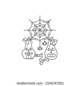 Vector illustration happy halloween. Vector linear icon. Pumpkin, cobweb and spiders.