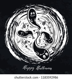 Vector illustration, Happy Halloween, magic portal, ghosts, mysticism. Handmade, prints, background chalkboard