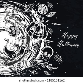 Vector illustration, Happy Halloween, magic portal, ghost, pumpkin, bat, leaves. Handmade, background chalkboard