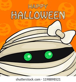 Vector Illustration of Happy Halloween. Mummy's Head on Pumpkin's Background. Template for Postcards, Banners, Posters and etc