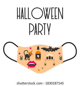 Vector illustration Happy Halloween. Halloween party. Halloween mask - COVID-19 medical mask with funny design. Holiday costume. Trick or treat Festive Print design for reusable face protection masks