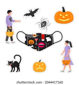 Vector illustration Happy Halloween Party Sticker set Kids wearing festive clothes Trick or treat. Jack O'Lantern. Celebrating. Pumpkin Bat Spider Cat. Protective face mask. Children. Holiday Festive