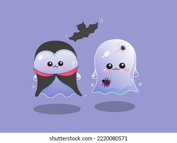 Vector illustration Happy halloween party greeting card with cute ghost spider and dracula, halloween character elements collection.