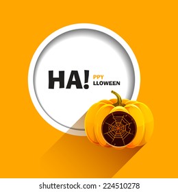 Vector illustration a happy Halloween party. Realistic pumpkin with a carved web of it. Use for brochures, printed materials, banner, greeting, card.