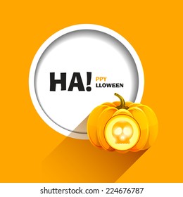 Vector illustration for a happy Halloween party. Skull with empty eye sockets carved on a pumpkin shining  from inside. Use for brochures, printed materials, banner, greeting, card