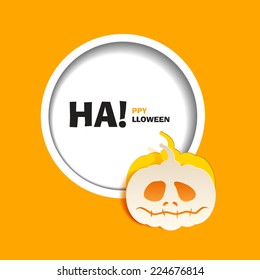 Vector illustration happy Halloween party. Flat design. Wight sad pumpkin paper cut out from the background. Use for brochures, printed materials, banner, greeting, card