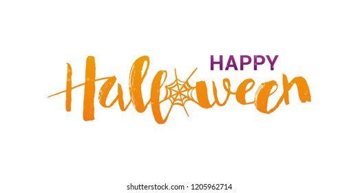 Vector illustration of Happy Halloween phrase with web. Hand drawn lettering in modern style for card, invitation, poster, banner. EPS 10