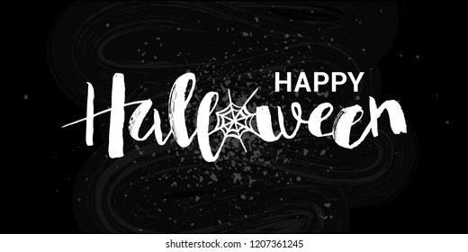 Vector illustration of Happy Halloween phrase with web. Hand drawn lettering in modern style for card, invitation, poster, banner. EPS 10