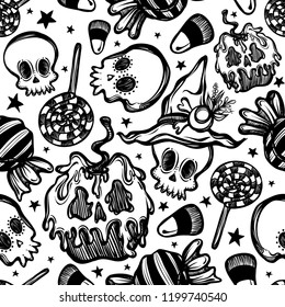 Vector illustration, Happy Halloween, poisoned apple with skulls, various sweets, mysticism. Handmade, prints, background white, seamless pattern