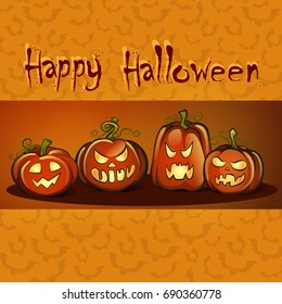 Vector illustration of a happy Halloween. Postcard, banner with an inscription, festive background and thematic pumpkins.