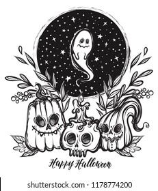 Vector illustration, Happy Halloween, pumpkin, skull with candles, ghost, stars, mysticism. Handmade, prints, background white