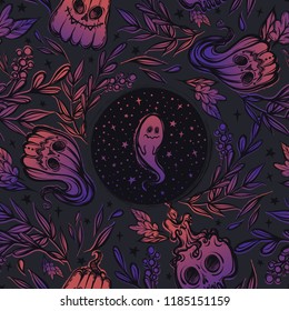 Vector illustration, Happy Halloween, pumpkin, skull with candles, ghost, stars, mysticism. Handmade, prints, background dark,seamless pattern