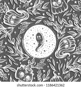 Vector illustration, Happy Halloween, pumpkin, skull with candles, ghost, stars, mysticism. Handmade, prints, background grey,seamless pattern