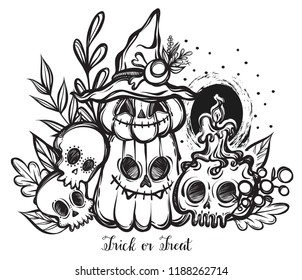 Vector illustration, Happy Halloween, pumpkin in witch hat, skull, candle, leaves, mysticism, background  white. Handmade, prints