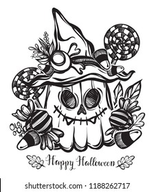Vector illustration, Happy Halloween, pumpkin in witch hat, candy, leaves, mysticism. Handmade, prints, background white
