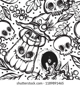 Vector illustration, Happy Halloween, pumpkin in witch hat, skull, candle, leaves, mysticism, background  white,seamless pattern. Handmade, prints