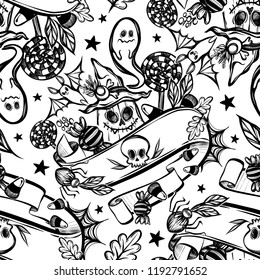 Vector illustration, Happy Halloween, pumpkin in witch hat, candy, bat, ghost, mysticism. Handmade, prints, seamless pattern, light  background