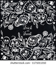 Vector illustration, Happy Halloween, pumpkins, mysticism, evil spirits,leaves, set of different elements. Handmade, prints on T-shirts, background chalkboard
