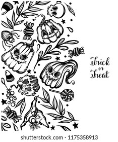 Vector illustration, Happy Halloween, pumpkins, mysticism, evil spirits,leaves. Handmade, prints on T-shirts, background white