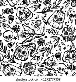 Vector illustration, Happy Halloween, pumpkins,skull, witch hat, mysticism,leaves, set of different elements. Handmade, prints on T-shirts,seamless pattern,light background