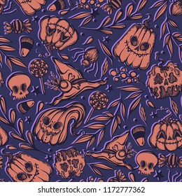 Vector illustration, Happy Halloween, pumpkins,skull, witch hat, mysticism,leaves, set of different elements. Handmade,seamless pattern,purple background