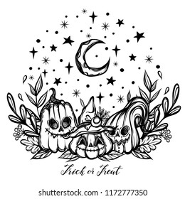 Vector illustration, Happy Halloween, pumpkin,starry sky, moon, mysticism. Handmade, prints on T-shirts, background white