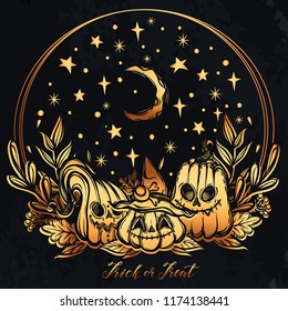 Vector illustration, Happy Halloween, pumpkin,starry sky, moon, mysticism. Handmade, prints on T-shirts, background chalkboard, gold color