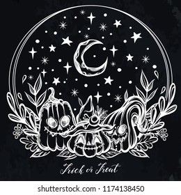 Vector illustration, Happy Halloween, pumpkin,starry sky, moon, mysticism. Handmade, background chalkboard, prints on T-shirts