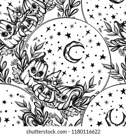 Vector illustration, Happy Halloween, pumpkin,starry sky, moon, mysticism. Handmade, prints on T-shirts, background light,seamless pattern