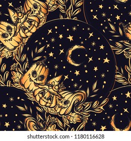 Vector illustration, Happy Halloween, pumpkin,starry sky, moon, mysticism. Handmade, prints on T-shirts, background dark , gold color,seamless pattern