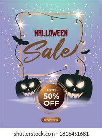 Vector illustration of Happy Halloween sale, square shiny golden frame wrapped with light balls and confetti, flying bats, scary pumpkins, upto 50% off offer, shop now, template for websites.