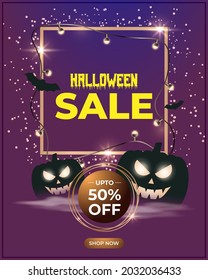 Vector illustration of Happy Halloween sale, square shiny golden frame wrapped with light balls and confetti, flying bats, scary pumpkins, upto 50% off offer, shop now, template for websites.