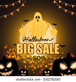 Vector illustration of Happy Halloween sale, square shiny golden frame wrapped with light balls and confetti, flying bats, scary pumpkins, upto 50% off offer, shop now, template for websites.