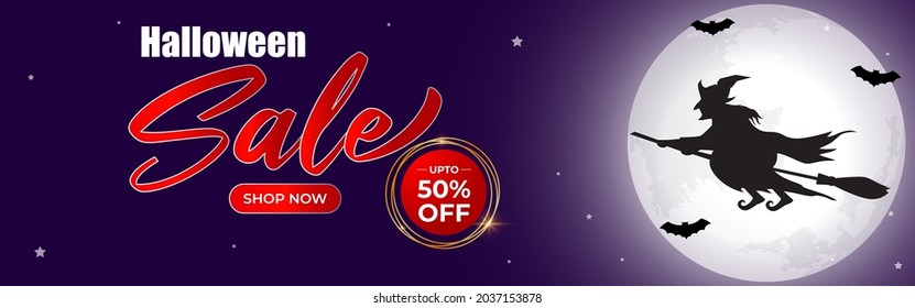Vector illustration of Happy Halloween sale, square shiny golden frame wrapped with light balls and confetti, flying bats, scary pumpkins, upto 50% off offer, shop now, template for websites.