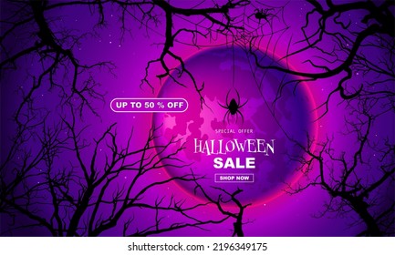 Vector illustration of Happy Halloween sale, Bottom view of bare trees with cobwebs and spiders on it, and a huge purple, violet moon behind, up to 50% off offer, template for websites.