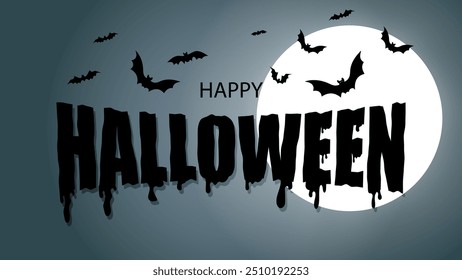 Vector illustration. Happy Halloween sale banner or party invitation on orange and blue background with full moon, flying bats, spiders, ghost. 
Halloween liquid lettering. Text design.